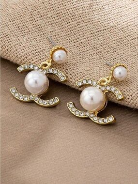 C Drop Earrings with Crystal Accents - White